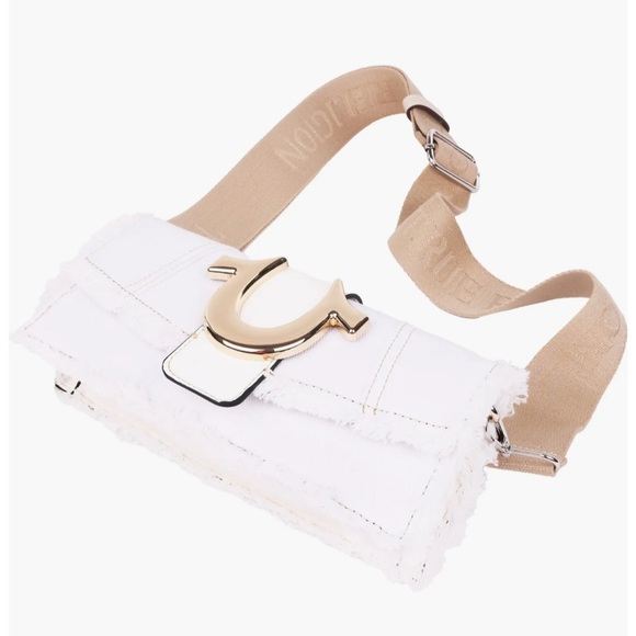 True Religion Handbags - NWT True Religion Frayed Denim Flap Crossbody Bag White with Gold Hardware